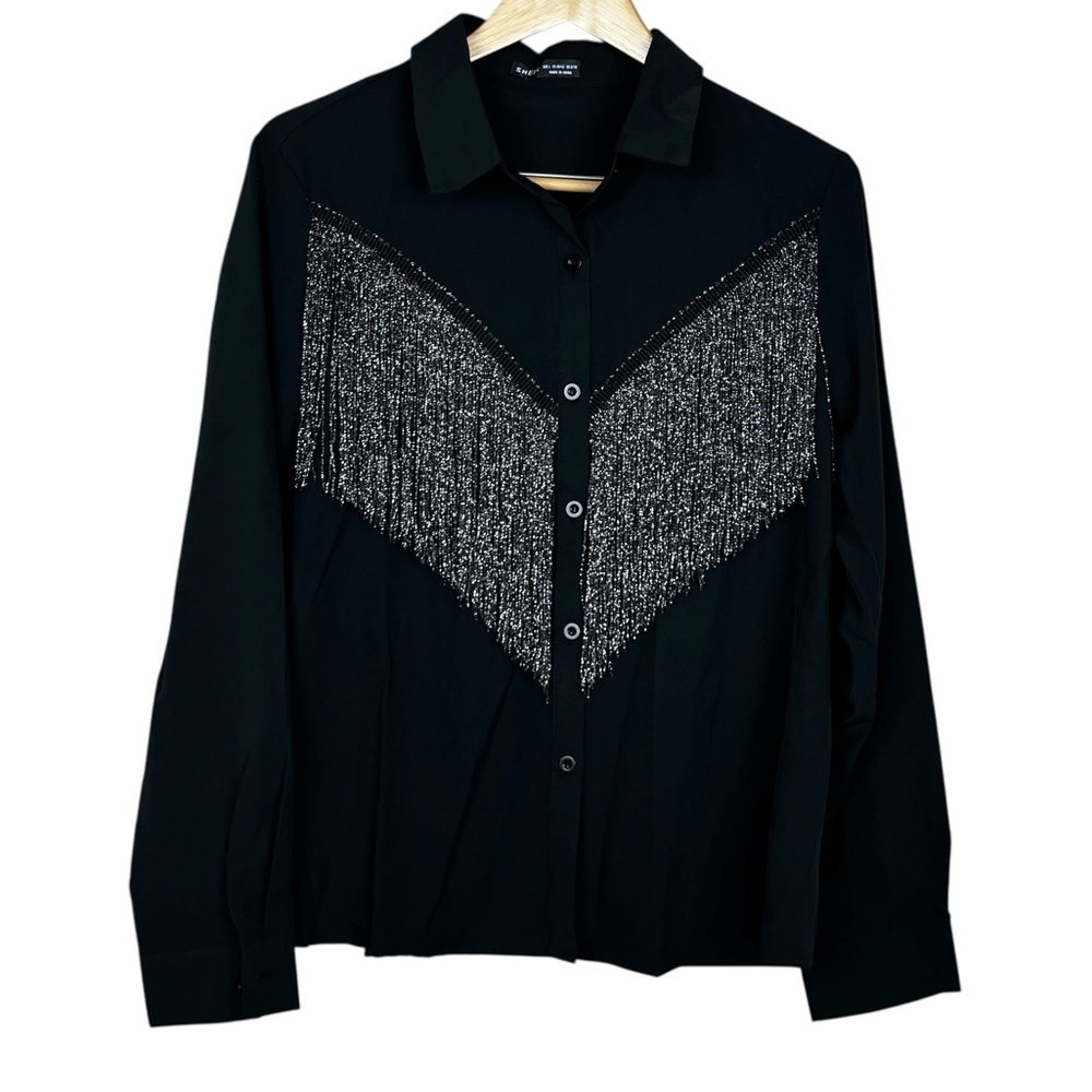 SHEIN Black Metallic Fringe Cowgirl Long Sleeve Western Button Front Top Large